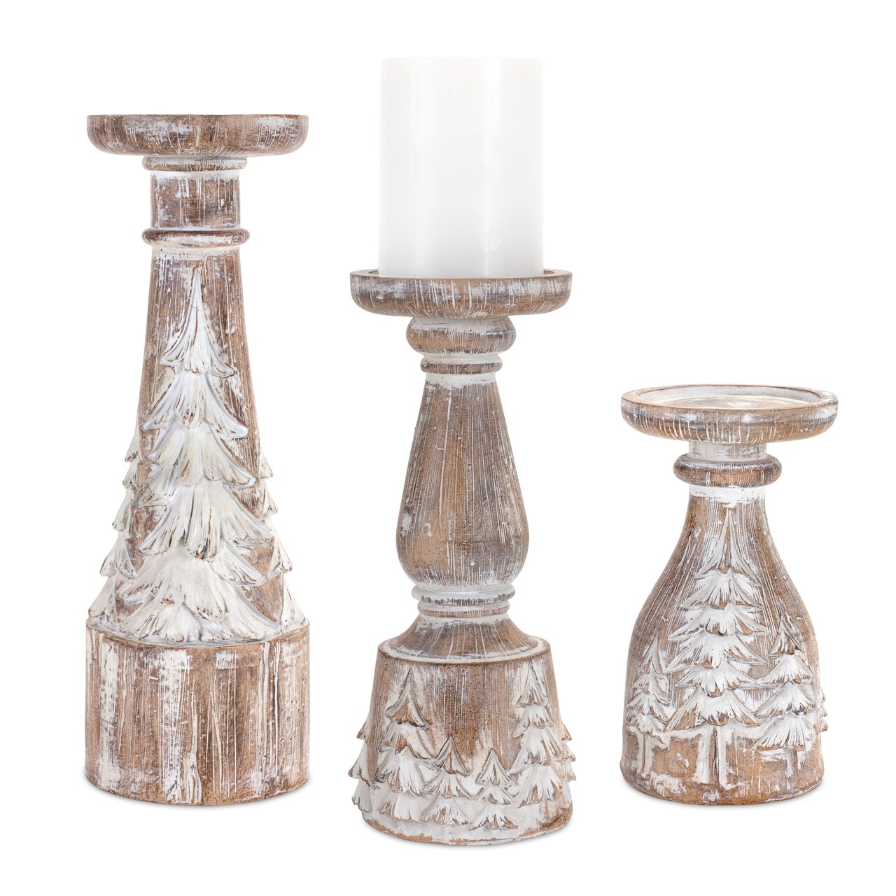 Melrose Set of 3 Brown and White Pine Tree Pillar Candle Holders 12.25"